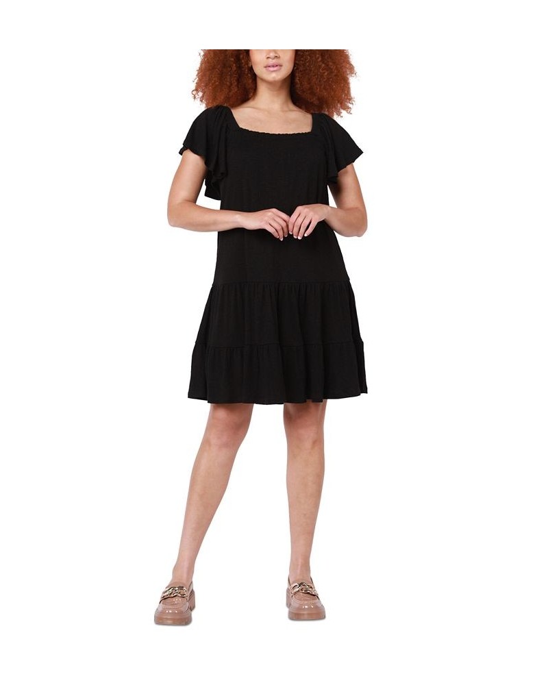 Women's Flutter-Sleeve Tiered Mini Dress Black $31.74 Dresses