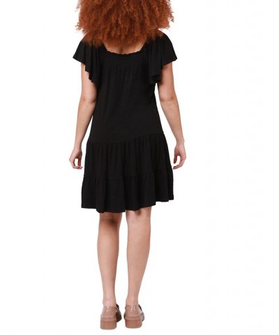 Women's Flutter-Sleeve Tiered Mini Dress Black $31.74 Dresses