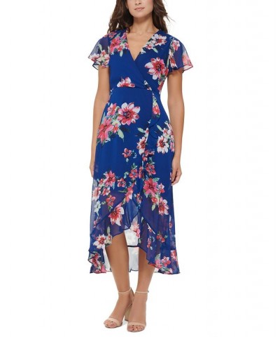 Women's Floral-Print Flutter-Sleeve Faux-Wrap Dress Marine Multi $33.81 Dresses