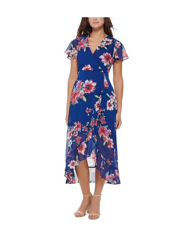 Women's Floral-Print Flutter-Sleeve Faux-Wrap Dress Marine Multi $33.81 Dresses