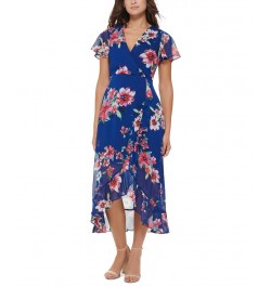 Women's Floral-Print Flutter-Sleeve Faux-Wrap Dress Marine Multi $33.81 Dresses