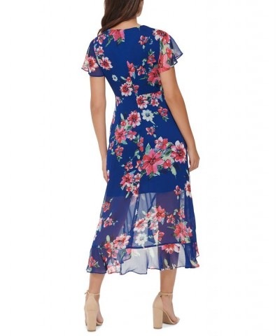 Women's Floral-Print Flutter-Sleeve Faux-Wrap Dress Marine Multi $33.81 Dresses