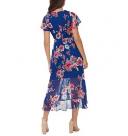 Women's Floral-Print Flutter-Sleeve Faux-Wrap Dress Marine Multi $33.81 Dresses