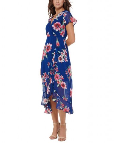 Women's Floral-Print Flutter-Sleeve Faux-Wrap Dress Marine Multi $33.81 Dresses