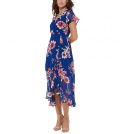 Women's Floral-Print Flutter-Sleeve Faux-Wrap Dress Marine Multi $33.81 Dresses