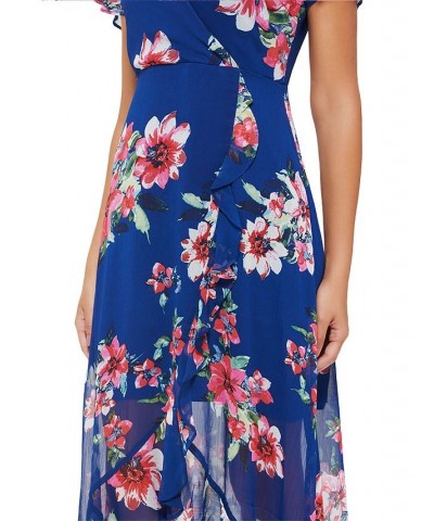 Women's Floral-Print Flutter-Sleeve Faux-Wrap Dress Marine Multi $33.81 Dresses