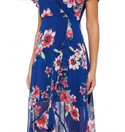 Women's Floral-Print Flutter-Sleeve Faux-Wrap Dress Marine Multi $33.81 Dresses