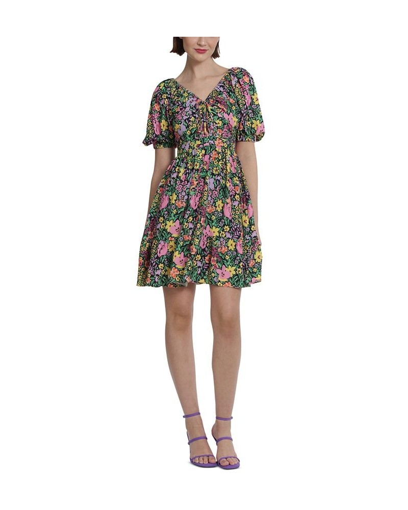 Women's Floral-Printed V-Neck Mini Dress Black/Pink $56.24 Dresses