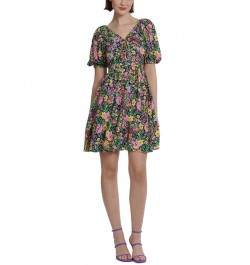 Women's Floral-Printed V-Neck Mini Dress Black/Pink $56.24 Dresses