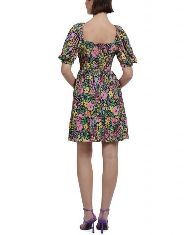 Women's Floral-Printed V-Neck Mini Dress Black/Pink $56.24 Dresses