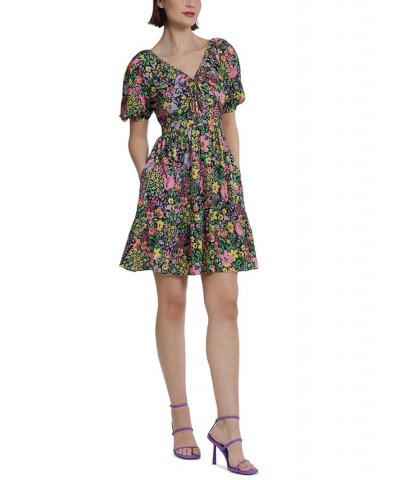 Women's Floral-Printed V-Neck Mini Dress Black/Pink $56.24 Dresses