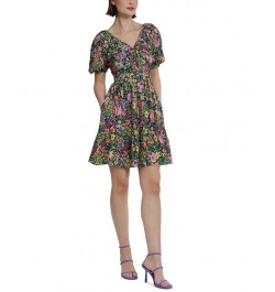 Women's Floral-Printed V-Neck Mini Dress Black/Pink $56.24 Dresses