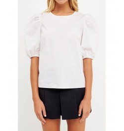 Women's Poplin Puffed Sleeve Top White $37.10 Tops