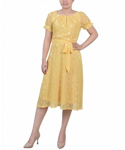 Petite Short Sleeve Belted Swiss Dot Dress Yellow Multi Circle $18.62 Dresses