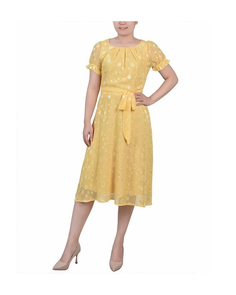 Petite Short Sleeve Belted Swiss Dot Dress Yellow Multi Circle $18.62 Dresses