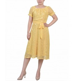 Petite Short Sleeve Belted Swiss Dot Dress Yellow Multi Circle $18.62 Dresses