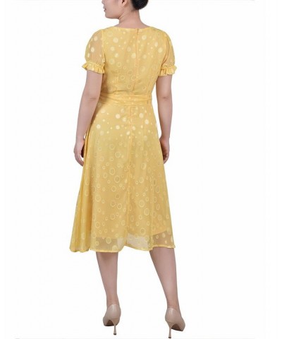 Petite Short Sleeve Belted Swiss Dot Dress Yellow Multi Circle $18.62 Dresses