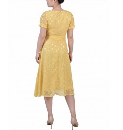 Petite Short Sleeve Belted Swiss Dot Dress Yellow Multi Circle $18.62 Dresses