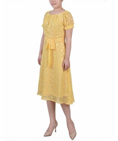 Petite Short Sleeve Belted Swiss Dot Dress Yellow Multi Circle $18.62 Dresses