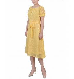 Petite Short Sleeve Belted Swiss Dot Dress Yellow Multi Circle $18.62 Dresses