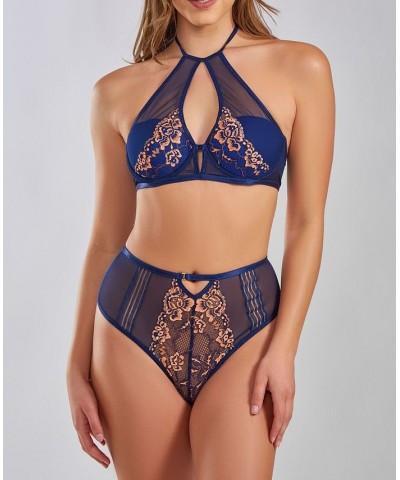 Women's Lana Halter Lace and Mesh Bralette and Panty Set 2 Piece Navy-Blue $39.26 Lingerie