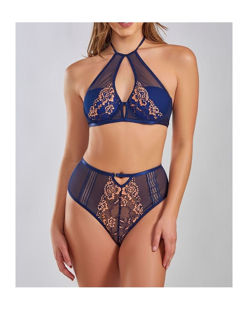 Women's Lana Halter Lace and Mesh Bralette and Panty Set 2 Piece Navy-Blue $39.26 Lingerie