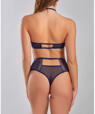 Women's Lana Halter Lace and Mesh Bralette and Panty Set 2 Piece Navy-Blue $39.26 Lingerie