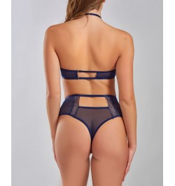 Women's Lana Halter Lace and Mesh Bralette and Panty Set 2 Piece Navy-Blue $39.26 Lingerie