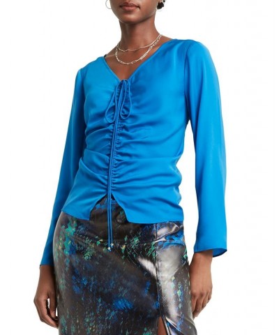 Women's V-Neck Ruched-Front Long-Sleeve Top Blue $32.00 Tops