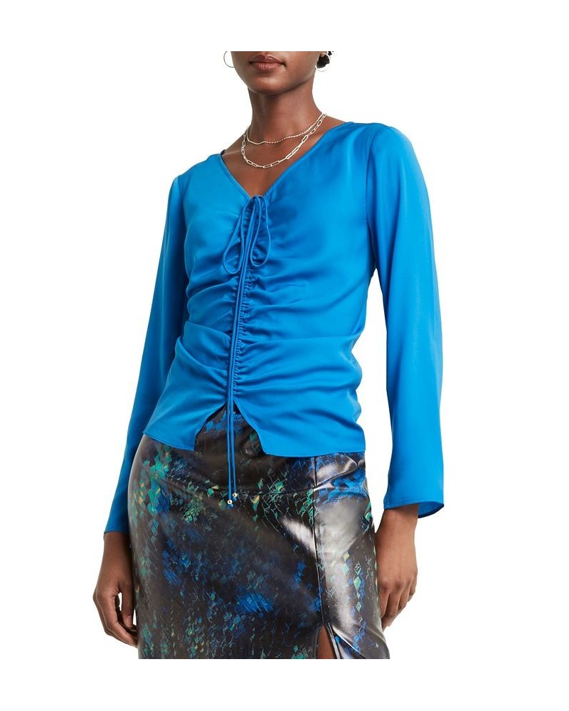 Women's V-Neck Ruched-Front Long-Sleeve Top Blue $32.00 Tops