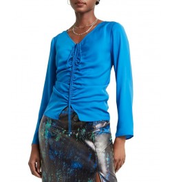 Women's V-Neck Ruched-Front Long-Sleeve Top Blue $32.00 Tops