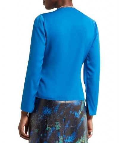 Women's V-Neck Ruched-Front Long-Sleeve Top Blue $32.00 Tops