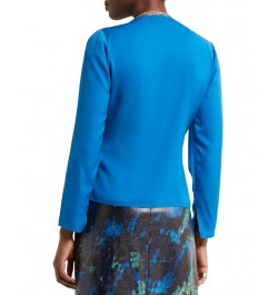 Women's V-Neck Ruched-Front Long-Sleeve Top Blue $32.00 Tops