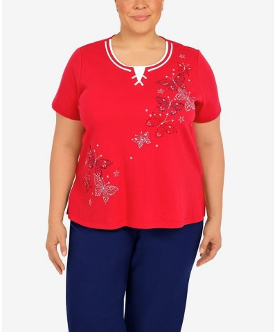 Plus Size Heat Set Butterfly Crew Neck Top Red $33.81 Tops