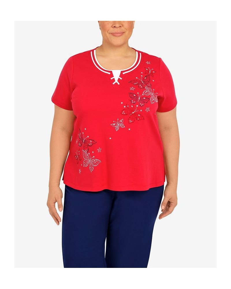 Plus Size Heat Set Butterfly Crew Neck Top Red $33.81 Tops