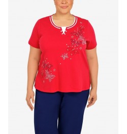 Plus Size Heat Set Butterfly Crew Neck Top Red $33.81 Tops