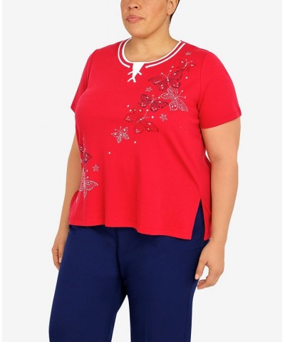 Plus Size Heat Set Butterfly Crew Neck Top Red $33.81 Tops