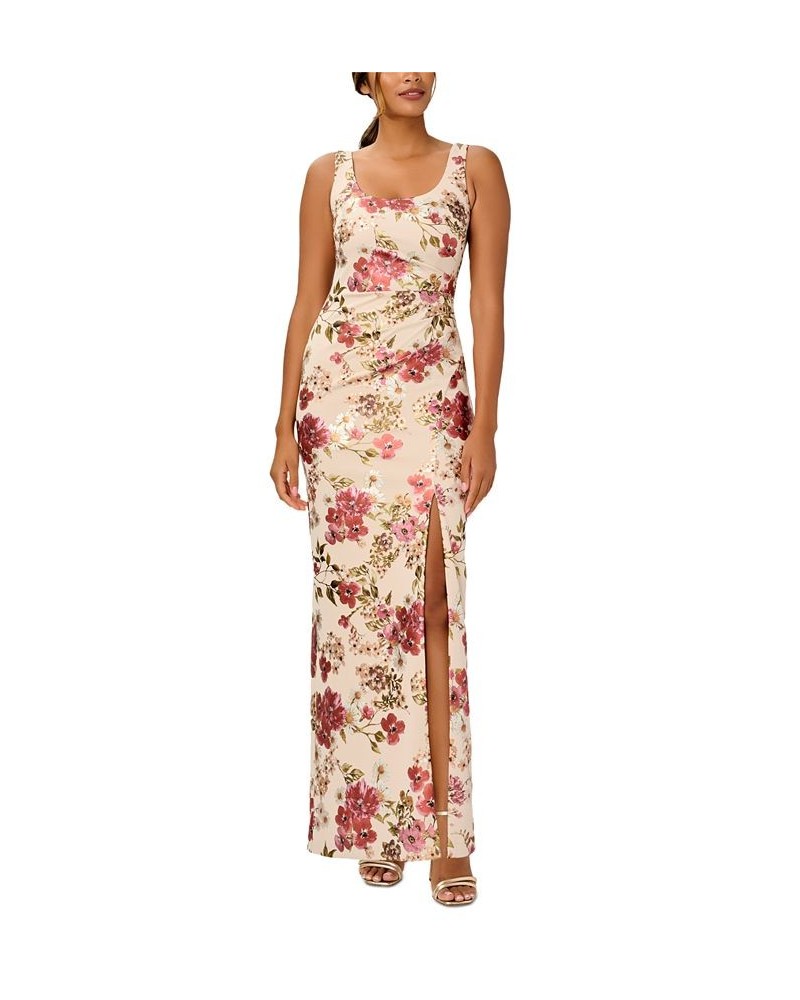 Women's Floral-Print Ruched Gown Alabaster Multi $79.42 Dresses