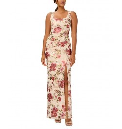 Women's Floral-Print Ruched Gown Alabaster Multi $79.42 Dresses