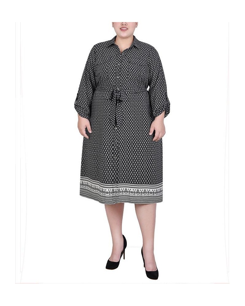 Plus Size 3/4 Roll Tab Sleeve Belted Shirtdress Black Border $18.26 Dresses