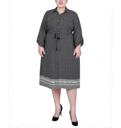 Plus Size 3/4 Roll Tab Sleeve Belted Shirtdress Black Border $18.26 Dresses