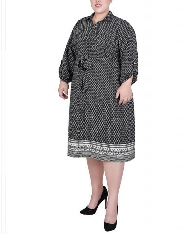 Plus Size 3/4 Roll Tab Sleeve Belted Shirtdress Black Border $18.26 Dresses