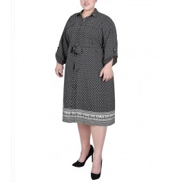 Plus Size 3/4 Roll Tab Sleeve Belted Shirtdress Black Border $18.26 Dresses