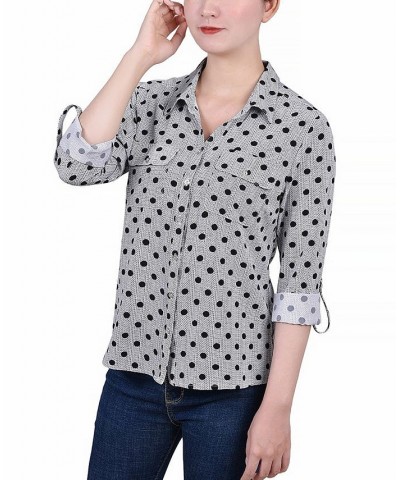 Women's 3/4 Roll Tab Shirt with Pockets Black White Abstract Dot $16.32 Tops