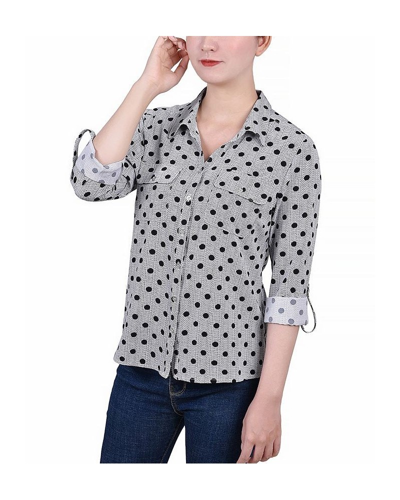 Women's 3/4 Roll Tab Shirt with Pockets Black White Abstract Dot $16.32 Tops