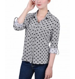 Women's 3/4 Roll Tab Shirt with Pockets Black White Abstract Dot $16.32 Tops