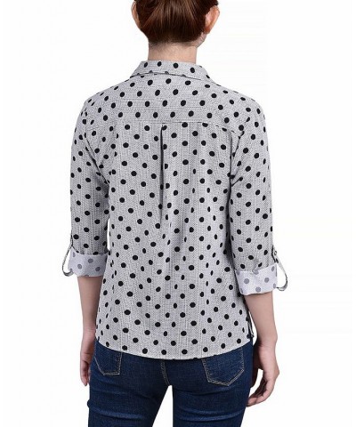 Women's 3/4 Roll Tab Shirt with Pockets Black White Abstract Dot $16.32 Tops