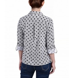 Women's 3/4 Roll Tab Shirt with Pockets Black White Abstract Dot $16.32 Tops