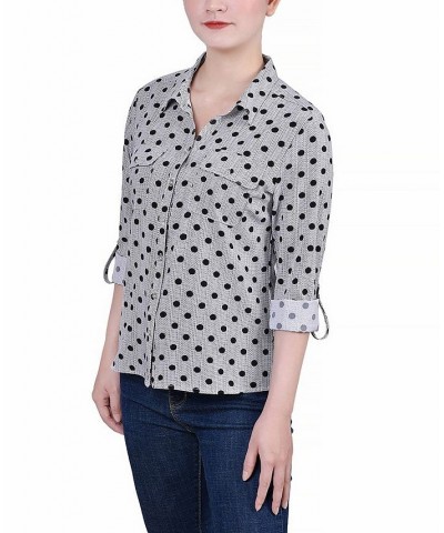 Women's 3/4 Roll Tab Shirt with Pockets Black White Abstract Dot $16.32 Tops