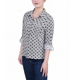 Women's 3/4 Roll Tab Shirt with Pockets Black White Abstract Dot $16.32 Tops